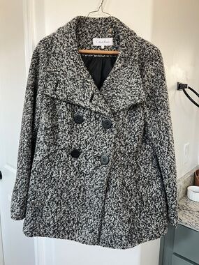 Calvin Klein Black and White Bouclé Double-Breasted Peacoat